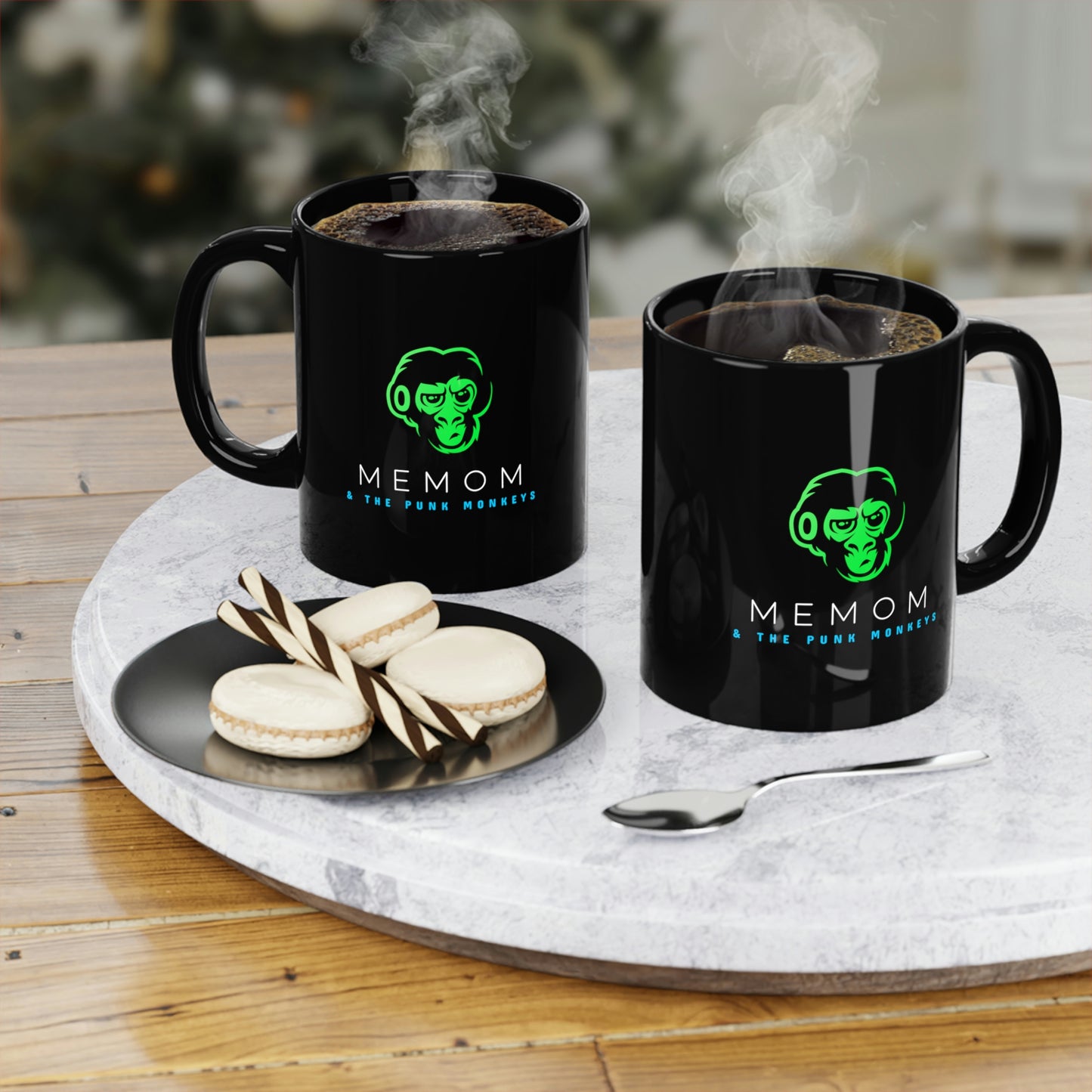 Memom & The Punk Monkeys Black Coffee Mug, 11oz